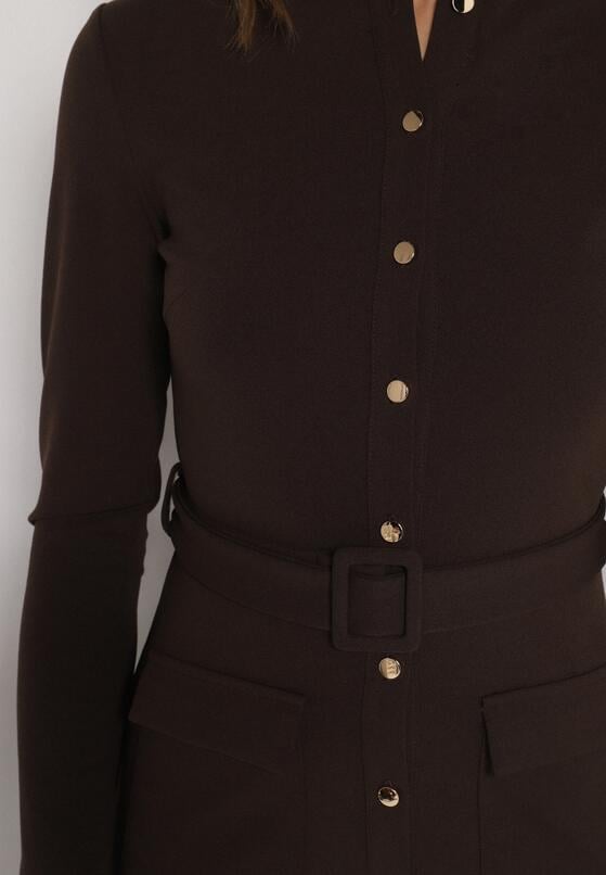 Brązowa Sukienka Koszulowa z Wiskozą Guzikami i Paskiem Vetienne 5