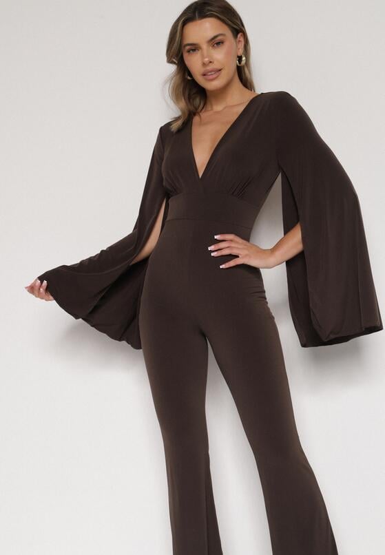 Brązowy Długi Kombinezon z Szerokimi Rękawami i Odkrytymi Plecami Dasima 4