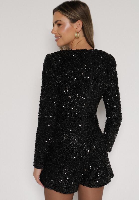 Czarny Elegancki Kombinezon o Taliowanym Kroju z Krótkimi Nogawkami i Cekinami Uwedara 3