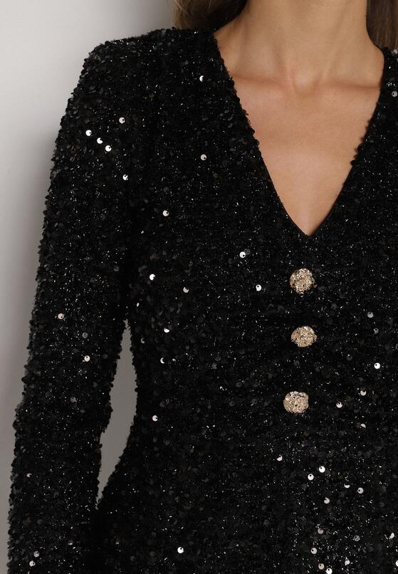 Czarny Elegancki Kombinezon o Taliowanym Kroju z Krótkimi Nogawkami i Cekinami Uwedara 5