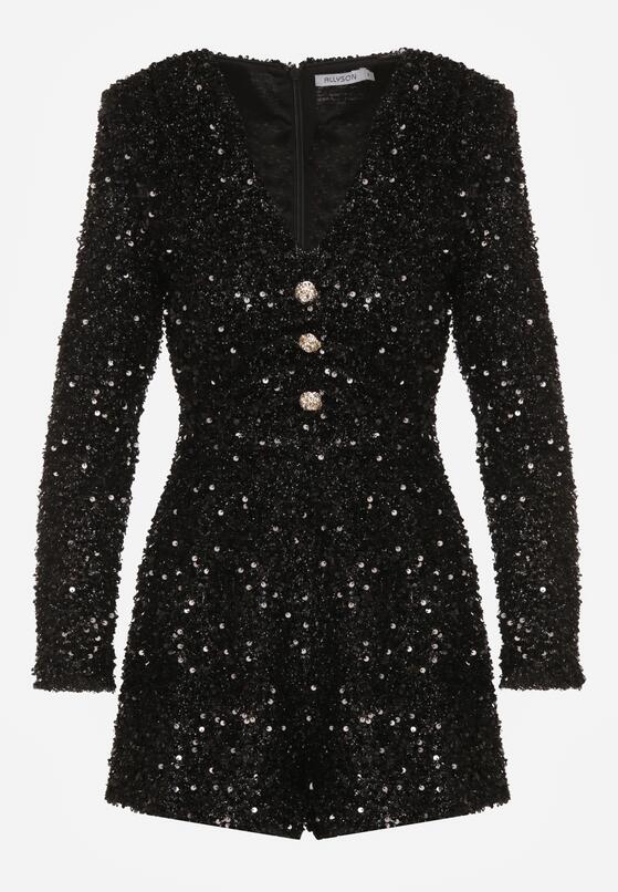 Czarny Elegancki Kombinezon o Taliowanym Kroju z Krótkimi Nogawkami i Cekinami Uwedara 6