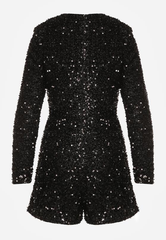 Czarny Elegancki Kombinezon o Taliowanym Kroju z Krótkimi Nogawkami i Cekinami Uwedara 7