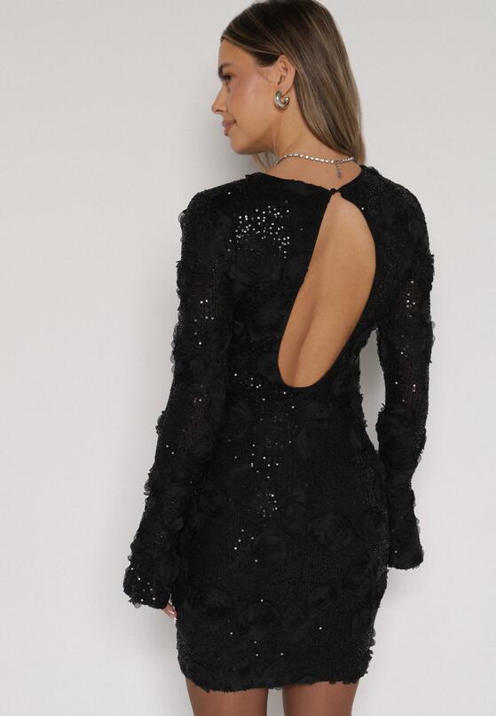 Czarna Cekinowa Sukienka z Kwiatami 3D Naweda 3