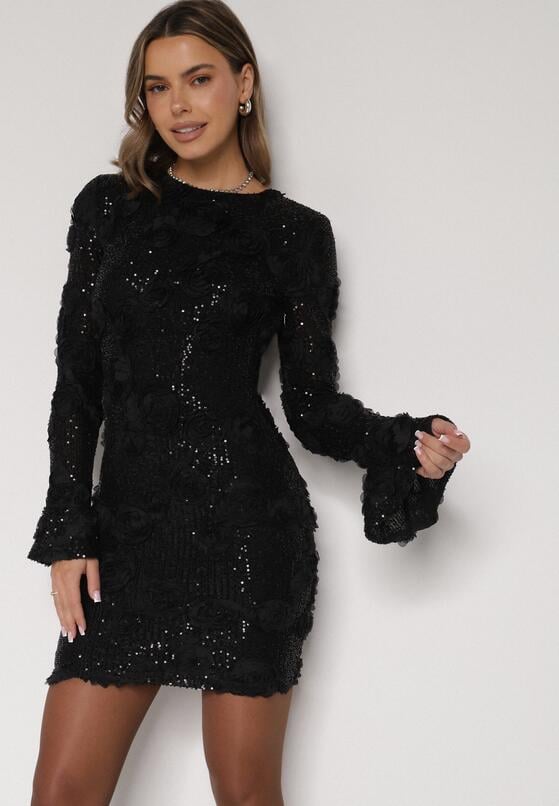 Czarna Cekinowa Sukienka z Kwiatami 3D Naweda 4