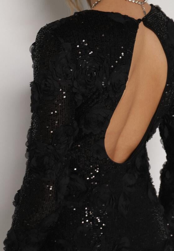 Czarna Cekinowa Sukienka z Kwiatami 3D Naweda 5