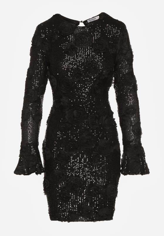Czarna Cekinowa Sukienka z Kwiatami 3D Naweda 6