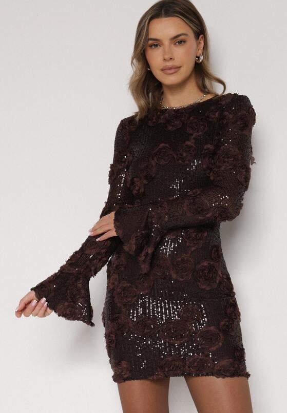 Brązowa Cekinowa Sukienka z Kwiatami 3D Naweda 1