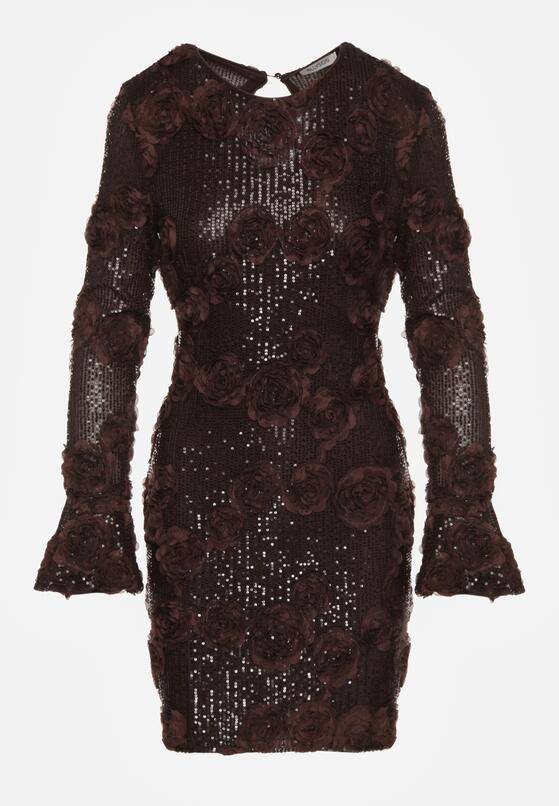 Brązowa Cekinowa Sukienka z Kwiatami 3D Naweda 6