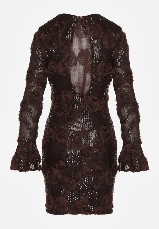 Brązowa Cekinowa Sukienka z Kwiatami 3D Naweda 7