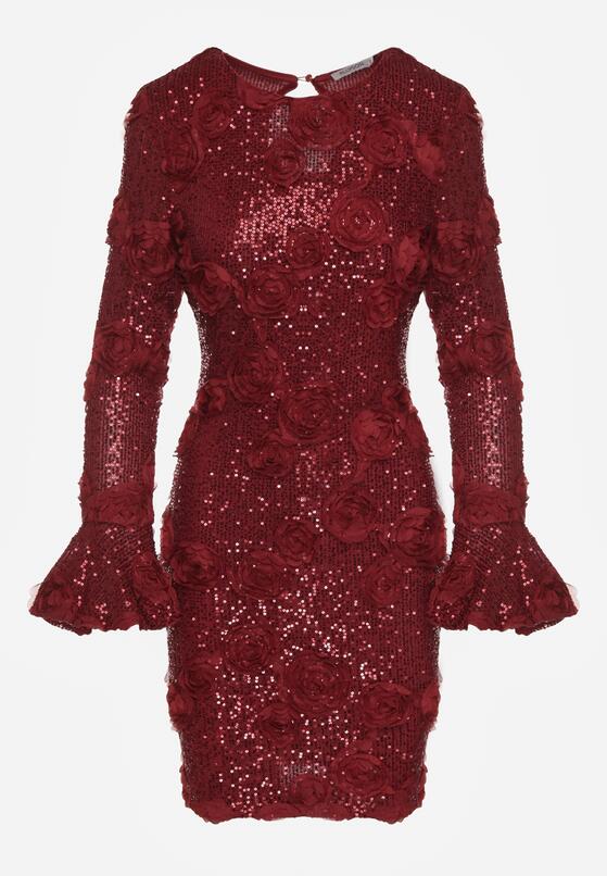 Bordowa Cekinowa Sukienka z Kwiatami 3D Naweda 6