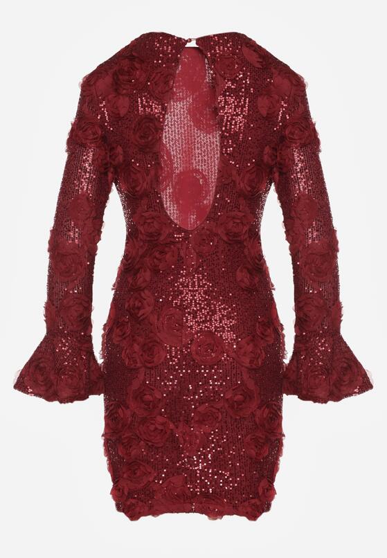 Bordowa Cekinowa Sukienka z Kwiatami 3D Naweda 7