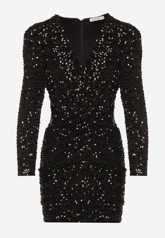 Czarna Dopasowana Sukienka o Eleganckim Kroju z Dekoltem w Serek i Cekinami Iwedama 6