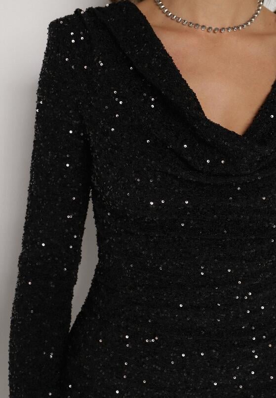 Czarna Dopasowana Sukienka Wieczorowa z Lejącym Dekoltem i Cekinami Siwedea 5