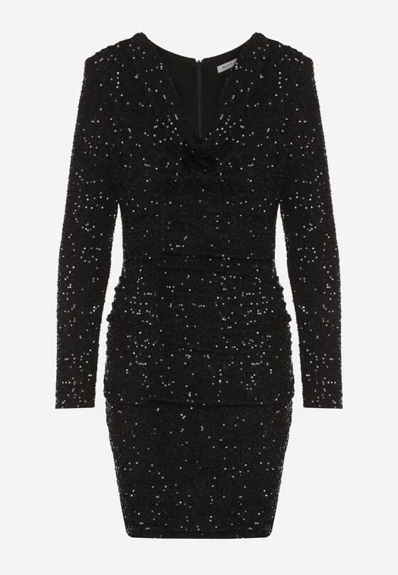 Czarna Dopasowana Sukienka Wieczorowa z Lejącym Dekoltem i Cekinami Siwedea 6