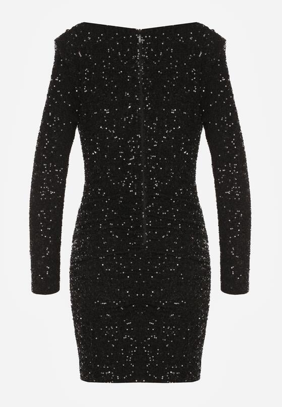 Czarna Dopasowana Sukienka Wieczorowa z Lejącym Dekoltem i Cekinami Siwedea 7