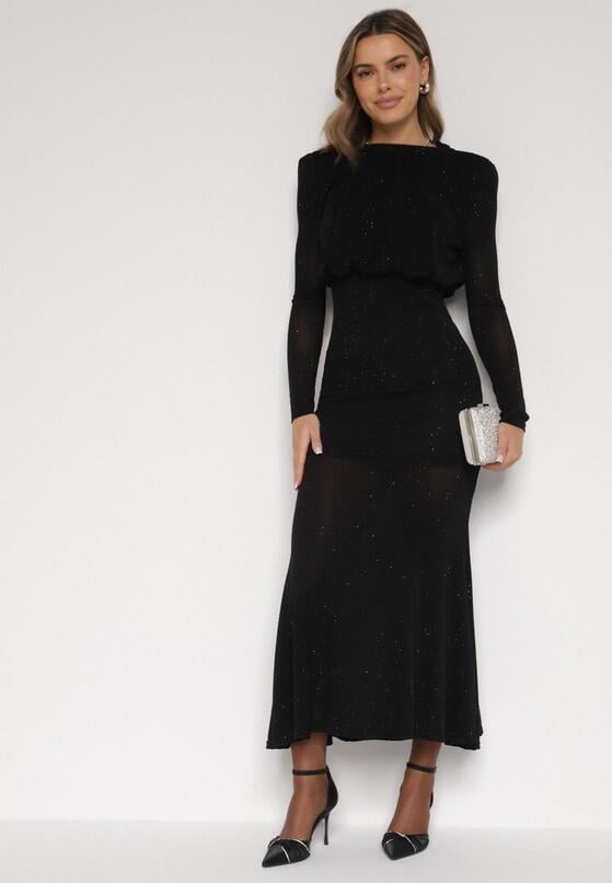 Czarna Taliowana Sukienka z Bufiastą Górą Gumką w Pasie i Cyrkoniami Inweda 2