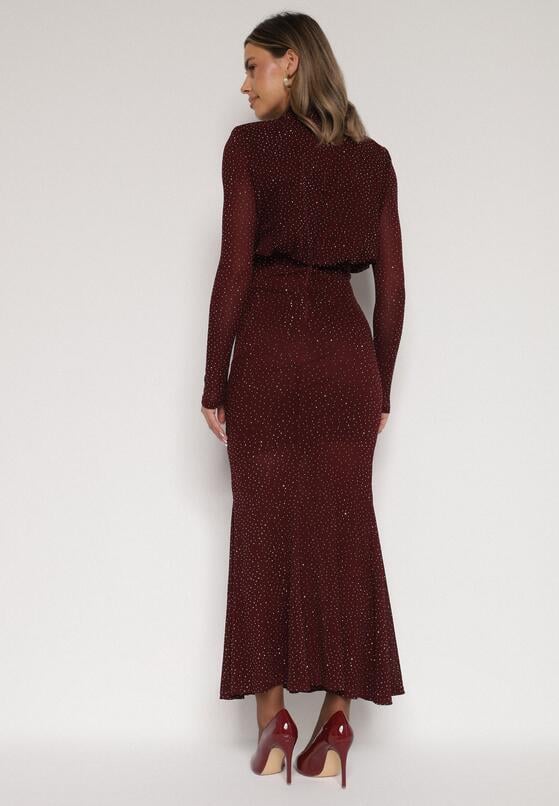 Bordowa Taliowana Sukienka z Bufiastą Górą Gumką w Pasie i Cyrkoniami Inweda 3