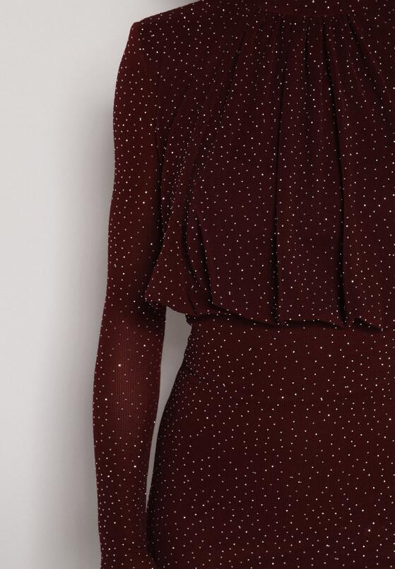 Bordowa Taliowana Sukienka z Bufiastą Górą Gumką w Pasie i Cyrkoniami Inweda 5
