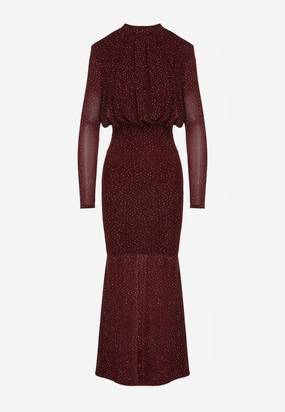Bordowa Taliowana Sukienka z Bufiastą Górą Gumką w Pasie i Cyrkoniami Inweda 6
