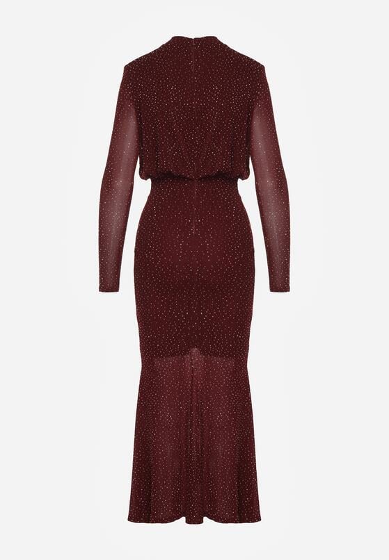 Bordowa Taliowana Sukienka z Bufiastą Górą Gumką w Pasie i Cyrkoniami Inweda 7