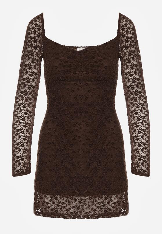 Brązowa Koronkowa Sukienka o Dopasowanym Kroju z Kwadratowym Dekoltem Tiwedesa 6