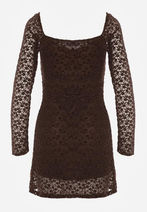 Brązowa Koronkowa Sukienka o Dopasowanym Kroju z Kwadratowym Dekoltem Tiwedesa 7