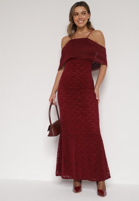 Bordowa Asymetryczna Sukienka z Falbaną Nawedina 2