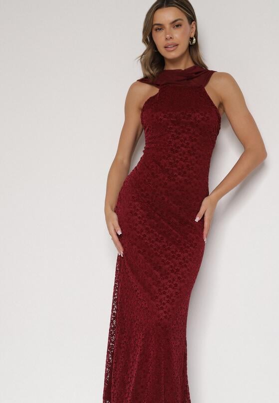 Bordowa Asymetryczna Sukienka z Falbaną Nawedina 4