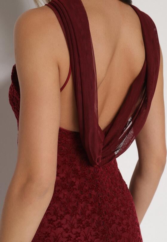 Bordowa Asymetryczna Sukienka z Falbaną Nawedina 5