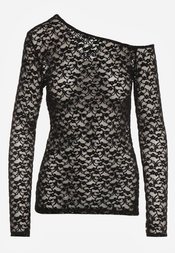 Czarna Koronkowa Bluzka z Długim Rękawem i Asymetrycznym Dekoltem Liwedara 6