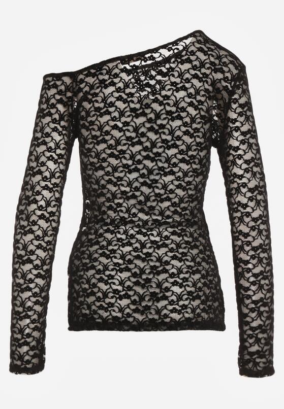 Czarna Koronkowa Bluzka z Długim Rękawem i Asymetrycznym Dekoltem Liwedara 7
