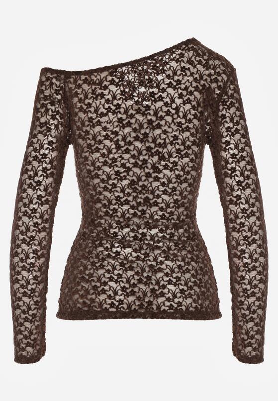 Brązowa Koronkowa Bluzka z Długim Rękawem i Asymetrycznym Dekoltem Liwedara 7