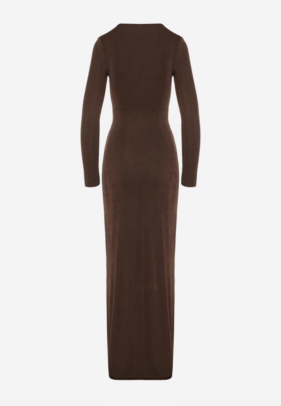 Brązowa Taliowana Sukienka o Eleganckim Kroju z Marszczeniem i Aplikacją Sewedina 7