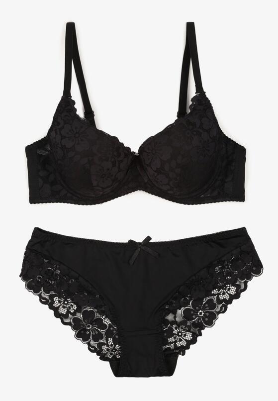 Czarny Komplet Biustonosz i Majtki Typu Figi Ozdobiony Koronką Ezivane 1