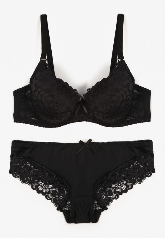 Czarny Klasyczny Komplet Biustonosz i Majtki Figi z Koronką Ezilene 1