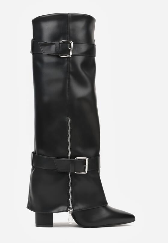 Czarne Kozaki na Słupku z Wywiniętą Cholewką Zdobioną Klamrami i Suwakiem Unwedina 4