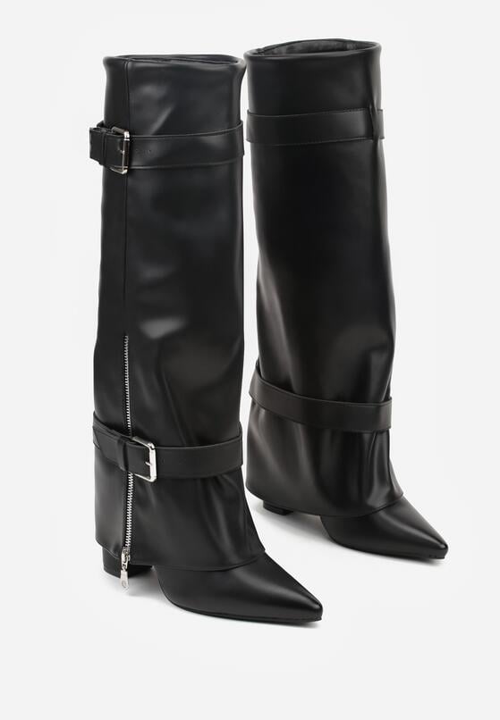 Czarne Kozaki na Słupku z Wywiniętą Cholewką Zdobioną Klamrami i Suwakiem Unwedina 5