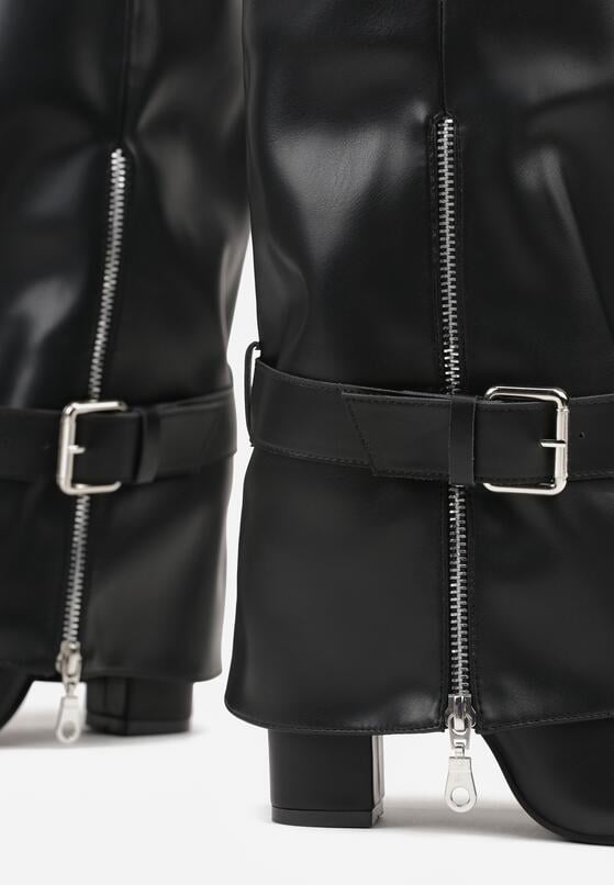 Czarne Kozaki na Słupku z Wywiniętą Cholewką Zdobioną Klamrami i Suwakiem Unwedina 7