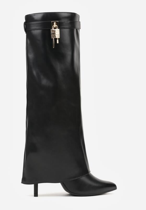 Czarne Kozaki na Szpilce z Cholewką Imitującą Nogawkę z Aplikacją Kłódką Vetidora 4