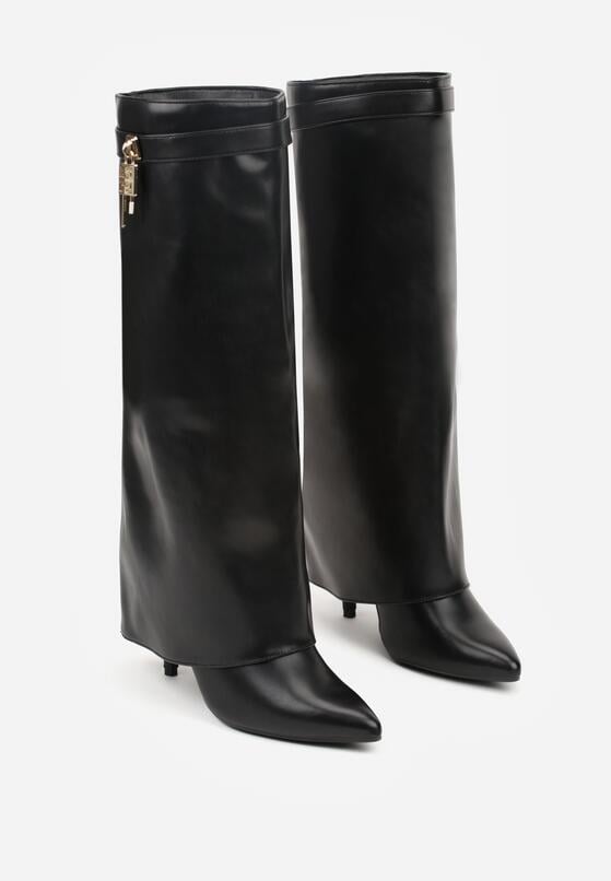 Czarne Kozaki na Szpilce z Cholewką Imitującą Nogawkę z Aplikacją Kłódką Vetidora 5