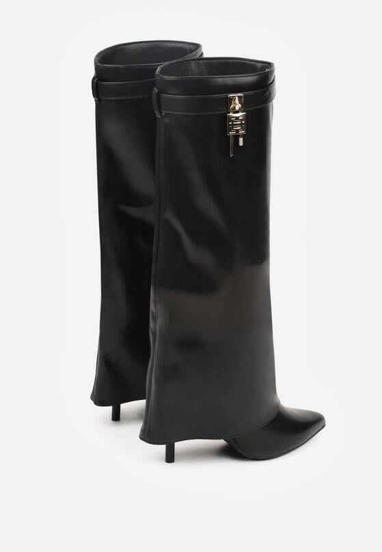 Czarne Kozaki na Szpilce z Cholewką Imitującą Nogawkę z Aplikacją Kłódką Vetidora 6