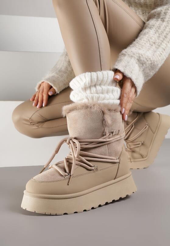 Ciemnobeżowe Śniegowce na Grubej Podeszwie z Futerkiem Alwedra 2