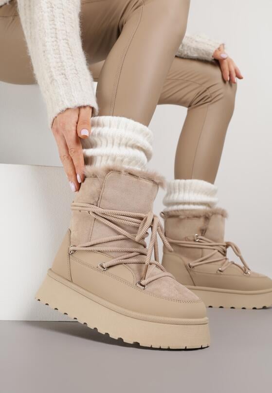 Ciemnobeżowe Śniegowce na Grubej Podeszwie z Futerkiem Alwedra 1