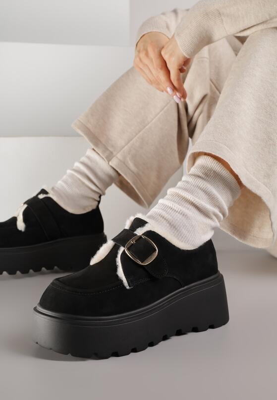 Czarne Śniegowce na Grubej Podeszwie z Paskiem z Klamerką i Futerkiem Uwedina 2