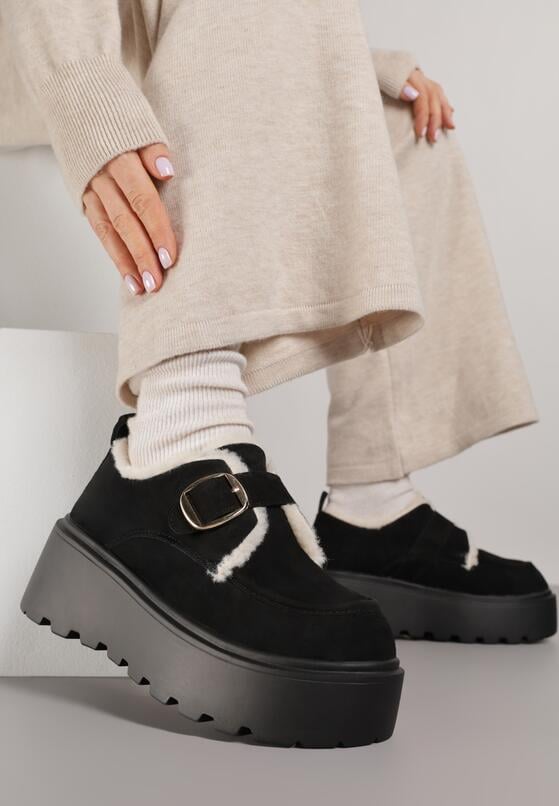 Czarne Śniegowce na Grubej Podeszwie z Paskiem z Klamerką i Futerkiem Uwedina 1