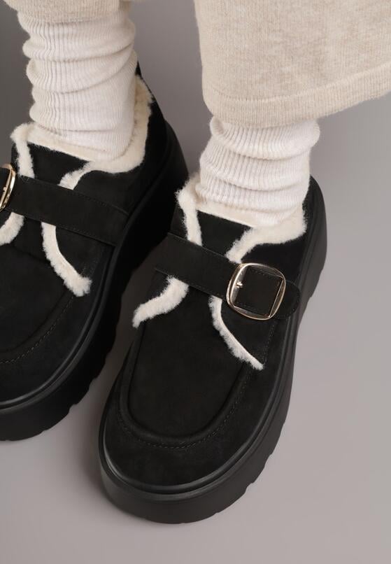 Czarne Śniegowce na Grubej Podeszwie z Paskiem z Klamerką i Futerkiem Uwedina 3