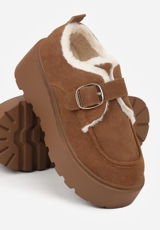 Jasnobrązowe Śniegowce na Grubej Podeszwie z Paskiem z Klamerką i Futerkiem Uwedina 6