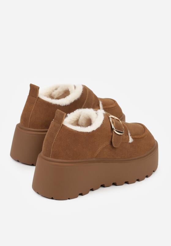 Jasnobrązowe Śniegowce na Grubej Podeszwie z Paskiem z Klamerką i Futerkiem Uwedina 7