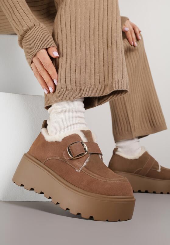 Brązowe Śniegowce na Grubej Podeszwie z Paskiem z Klamerką i Futerkiem Uwedina 2