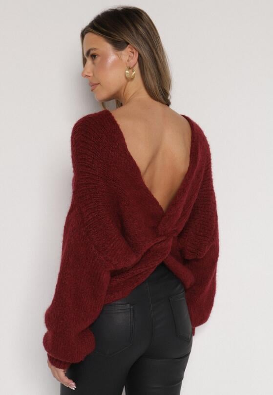 Bordowy Sweter Oversize z Domieszką Wełny z Oryginalnym Dekoltem Lawedia 3